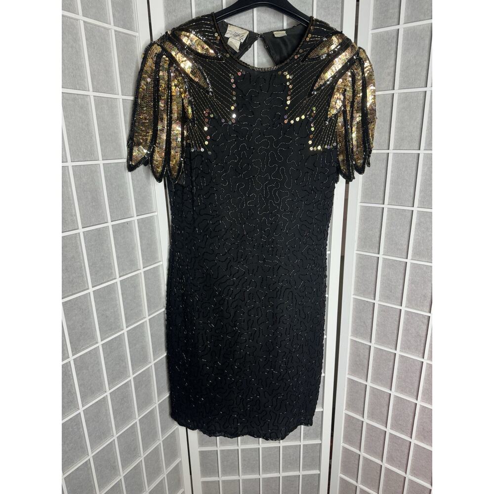 Black Gold Beaded Sequined Party Dress Vintage D’Albert LTD 12 Cocktail Formal